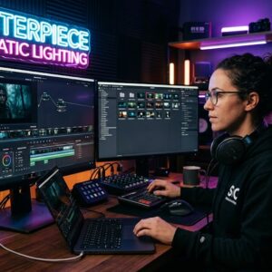 About Professional woman video editor working on cinematic video editing in a high-end studio - EditAuraPro