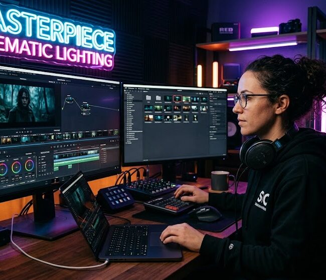 Professional woman video editor working on cinematic video editing in a high-end studio - EditAuraPro