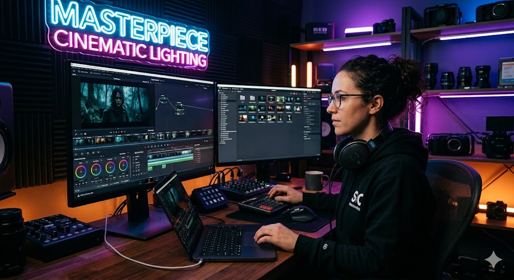 Professional woman video editor working on cinematic video editing in a high-end studio - EditAuraPro